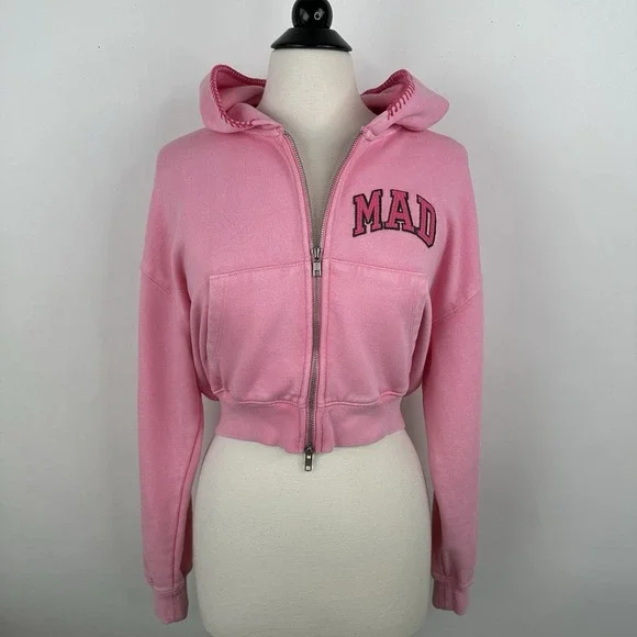 NWT GAP MadHappy Full Zip Crop Hoodie Sweatshirt MEDIUM Pink Embroidered Logo - Picture 4 of 16